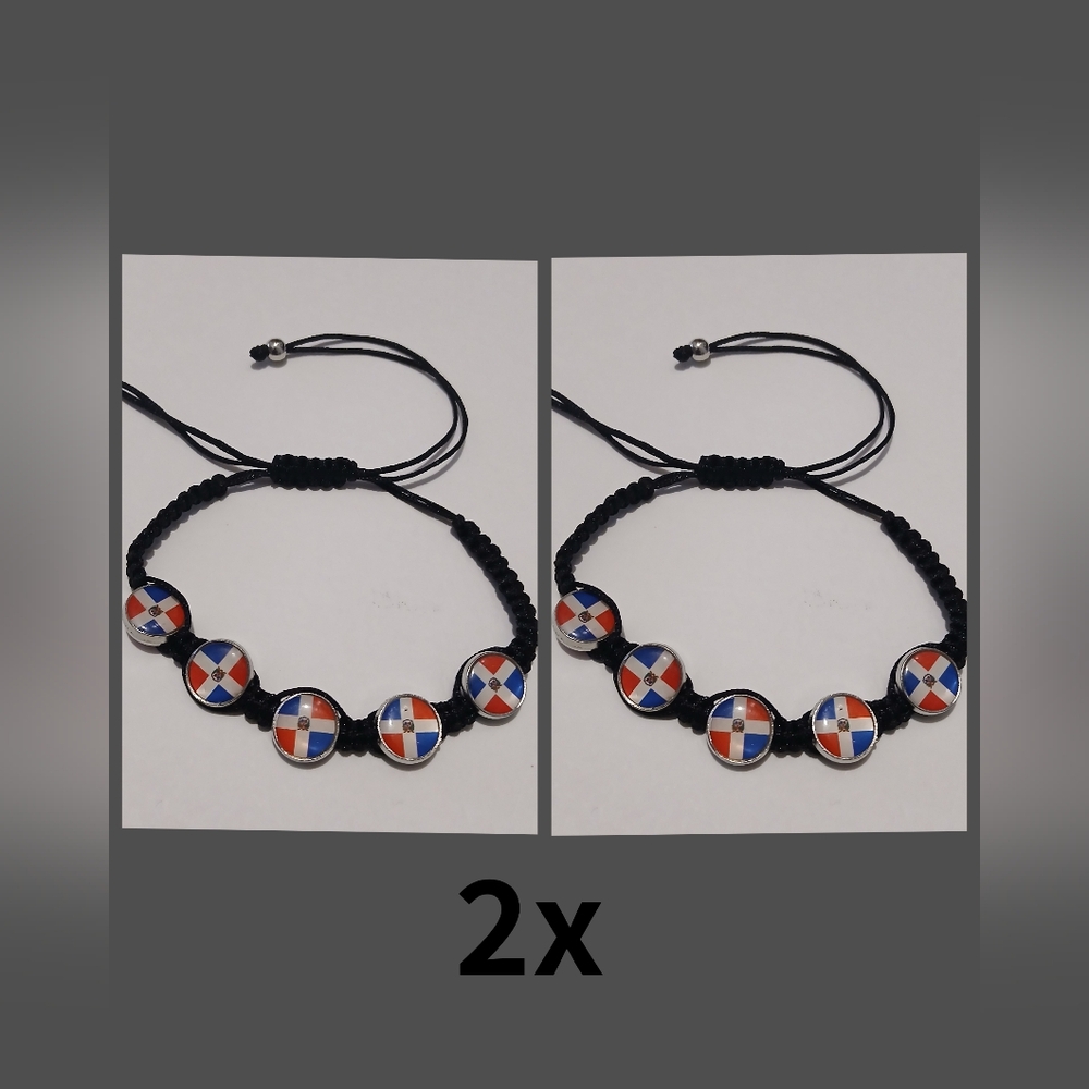 2x Handmade Dominican Flag  BlackRope  Cord Adjustable Bracelet Dominican
